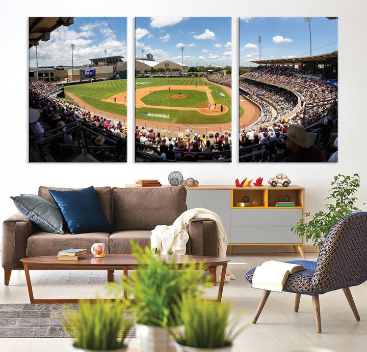 A baseball stadium under a blue sky, capturing the energy of The Texas A&M Aggies Athletics Kyle Field Wall Art.