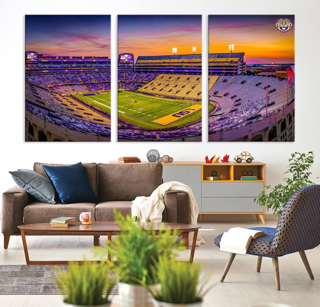 Louisiana State University Tigers Football Team Print featuring Tiger Stadium in Baton Rouge, vibrant wall art canvas print perfect for fans.