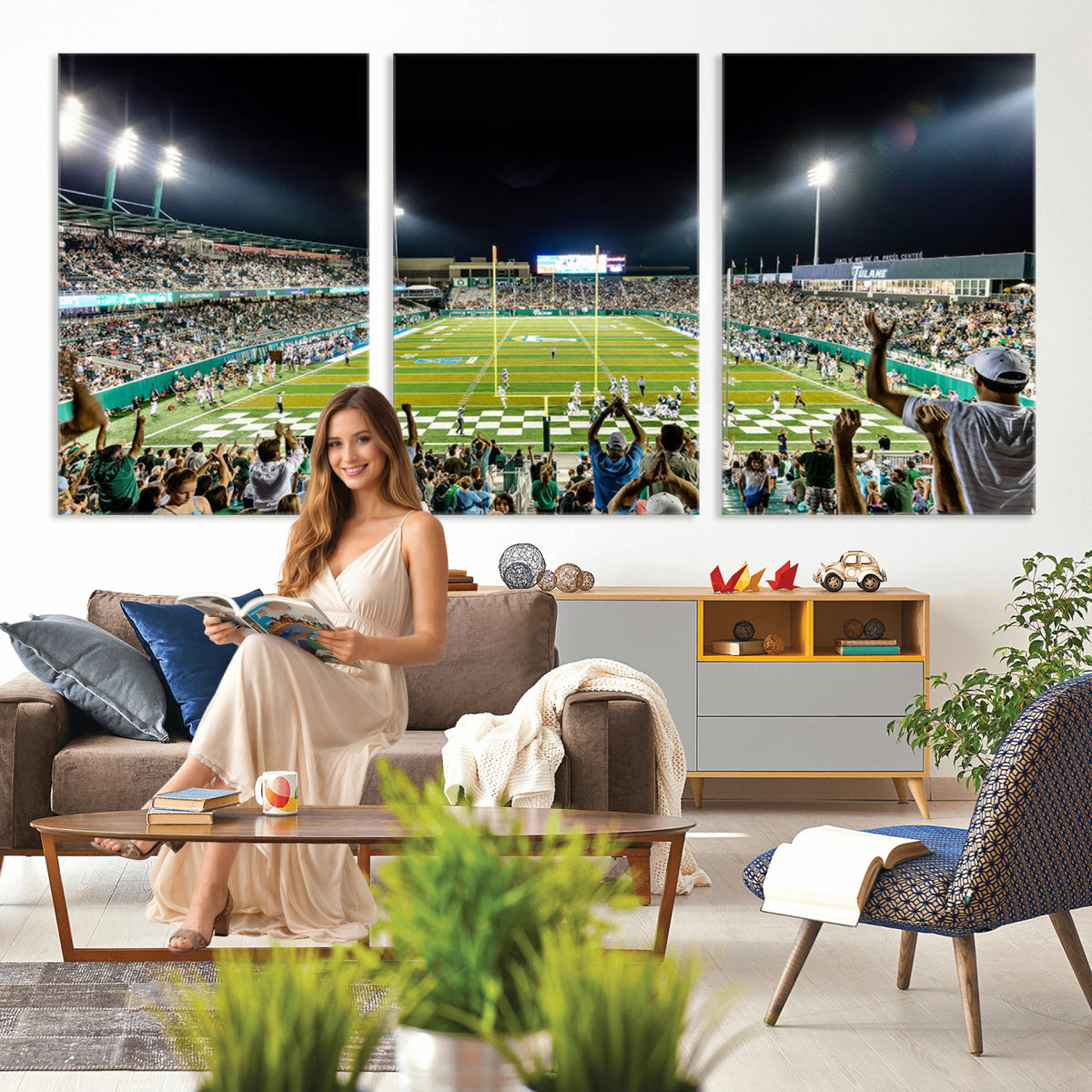 56448-MGV-CV-36X24 - The Tulane University Green Wave Football Team Print, New Orleans Yulman Stadium