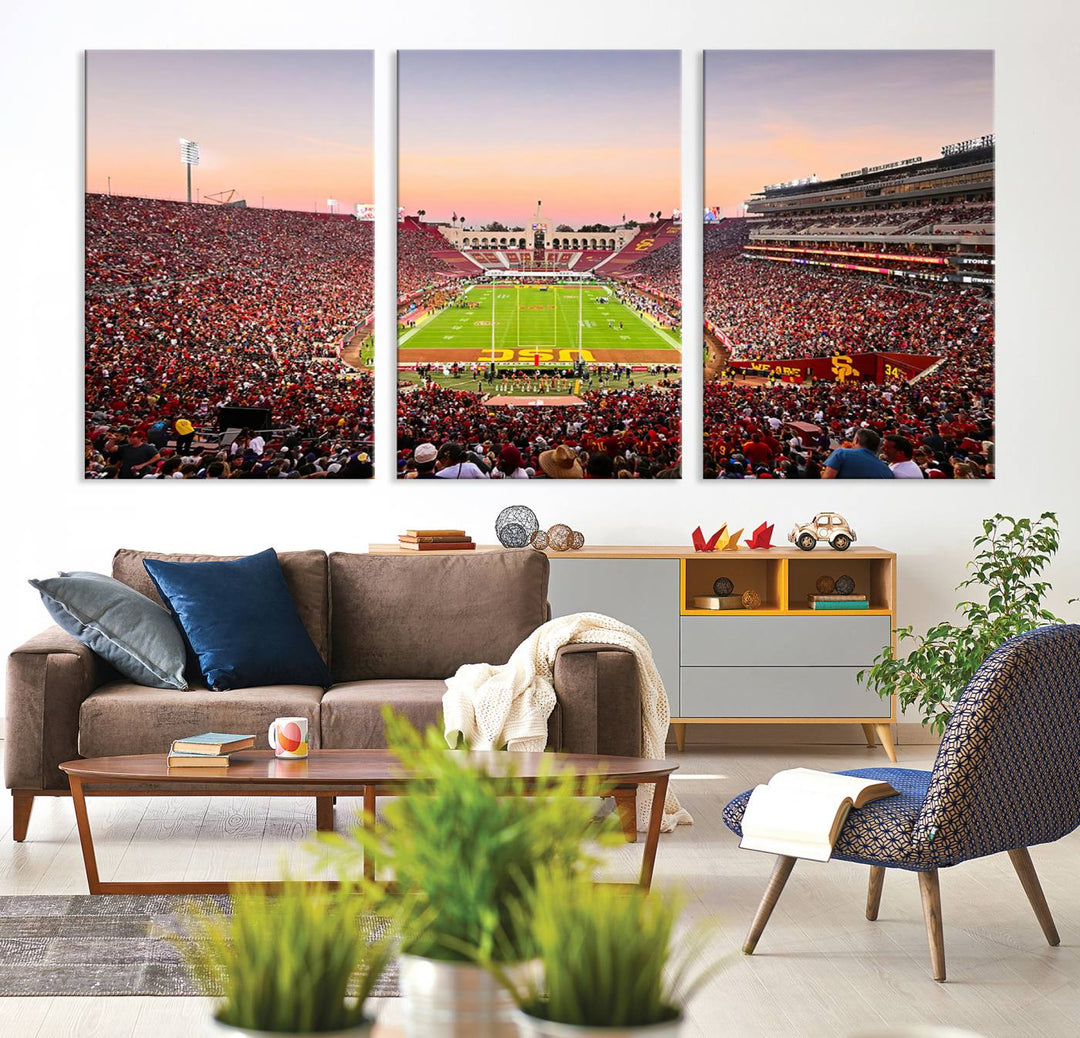 A USC Trojans wall art canvas print highlights the scene, depicting the Coliseum Stadium at sunset.