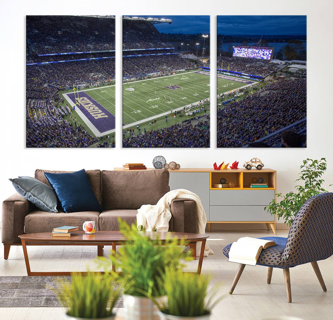 The University of Washington Huskies Football Team Print: Seattle Husky Stadium Wall Art Canvas captures a dusk stadium view.