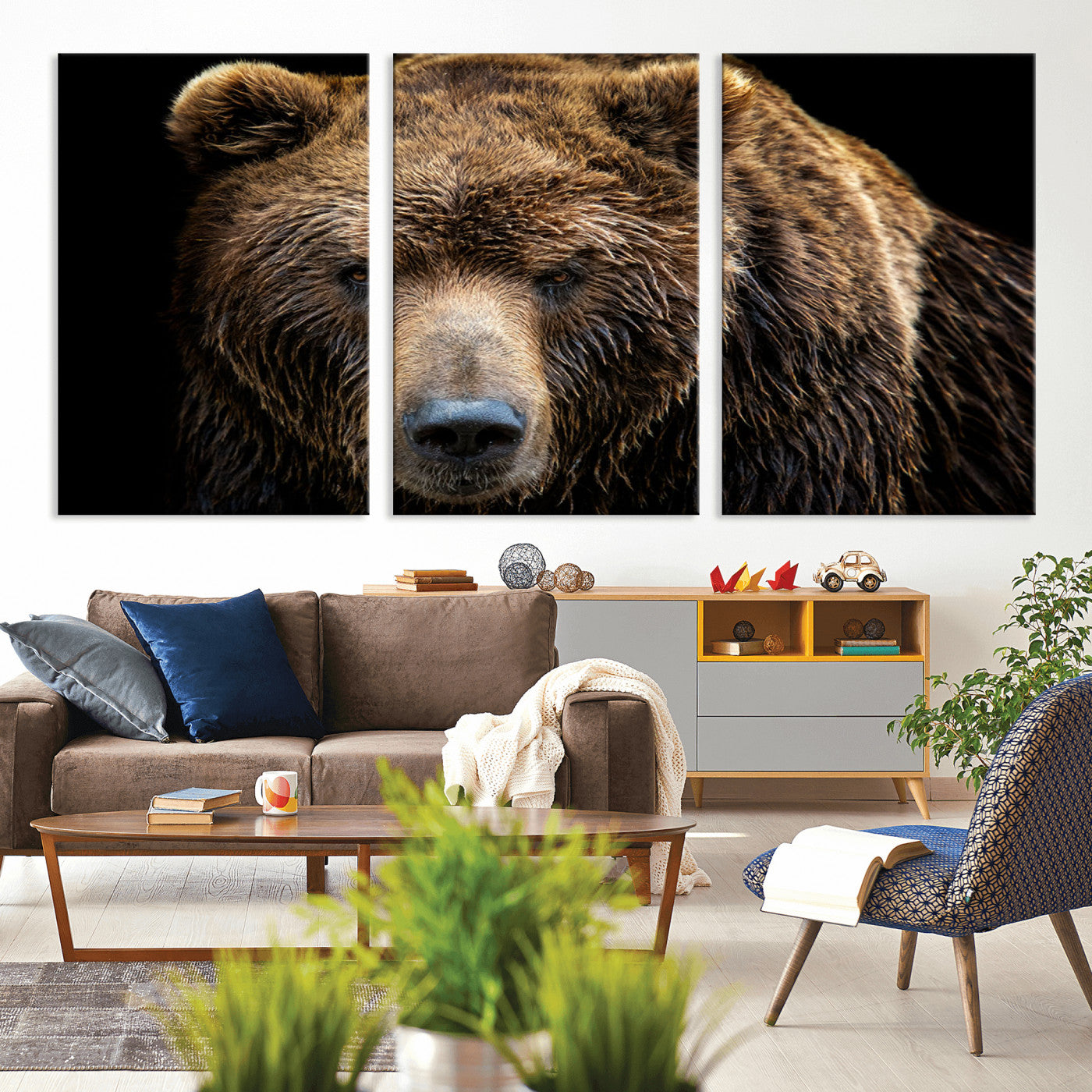 MGV-CV-60X30-3P - Grizzly Brown Bear Canvas Wall Art, Wildlife Animal Canvas Artwork Bear Print, Bear Wall Art Print,