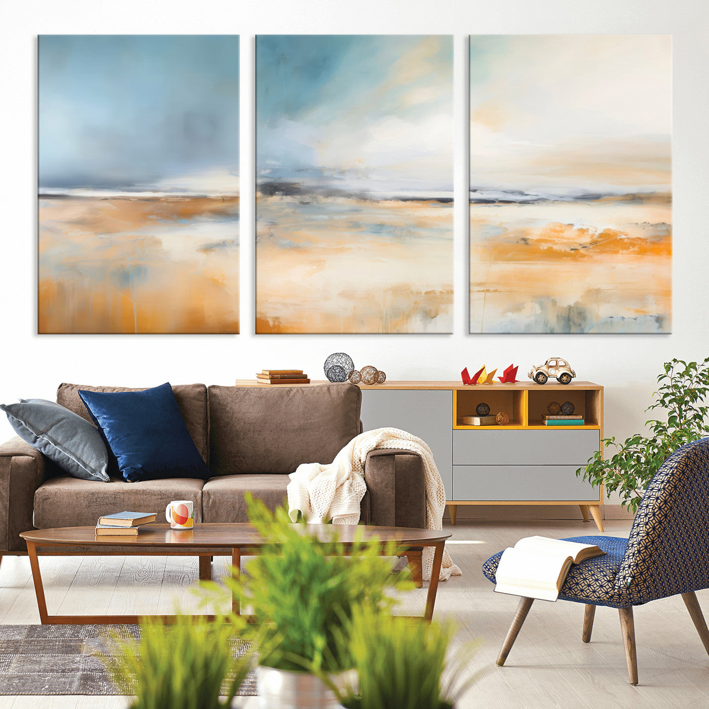 -Abstract Landscape Wall Art Canvas Print - Warm Tones of Orange and Blue, Modern Framed Art for Home