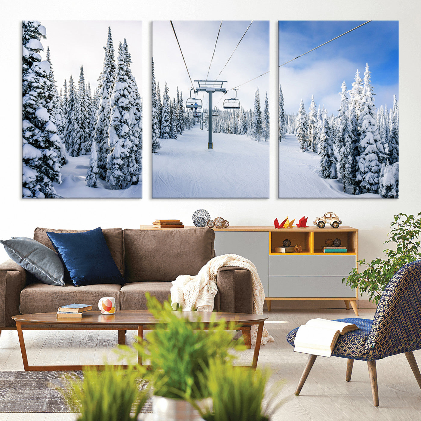 MGV-CV-60X30-3P - Winter Ski Lift Wall Art Print - Landscape Wall Art | Snowy Mountain Adventure | Perfect for Cabin