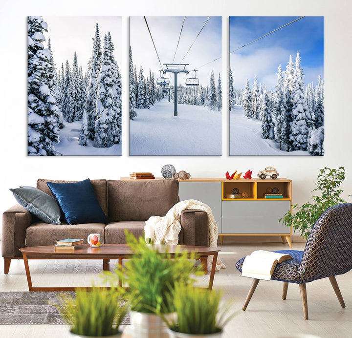 Winter Ski Lift Landscape Wall Art | Snowy Mountain Adventure | Framed and Ready to Hang | Perfect for Cabin Wall Art, Farmhouse Decor