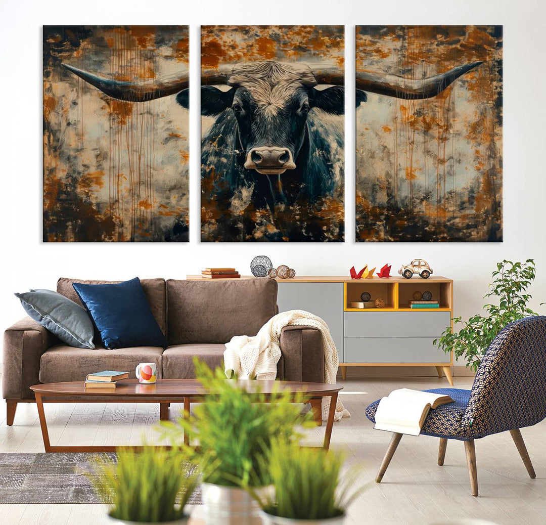 Abstract Longhorn Bull Wall Art | Rustic Western Wall Decor | Framed and Ready to Hang | Ideal for Farmhouse, Lodge, and Barn Decor