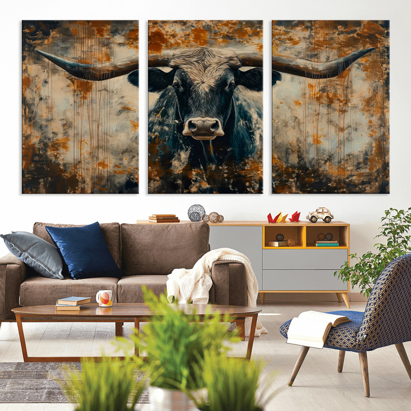 MGV-CV-60X30-3P - Abstract Longhorn Bull Wall Art | Rustic Western Wall Decor | Framed and Ready to Hang | Ideal for