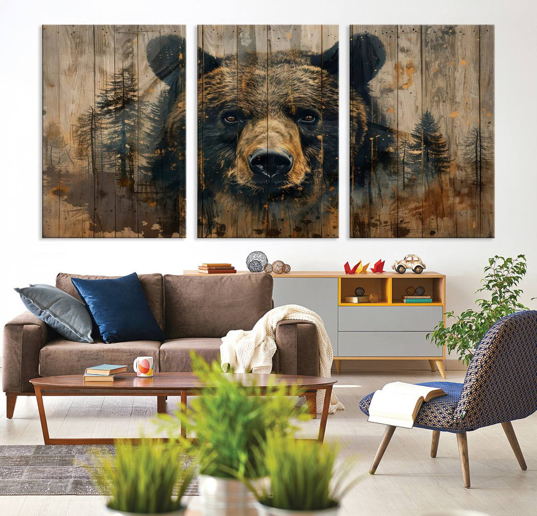 The Abstract 399 Bear Wall Art, featuring a rustic cabin theme with forest design, is framed and ready to hang. It's ideal for lodge, cabin, and barn decor and perfectly complements the nature lover's aesthetic.