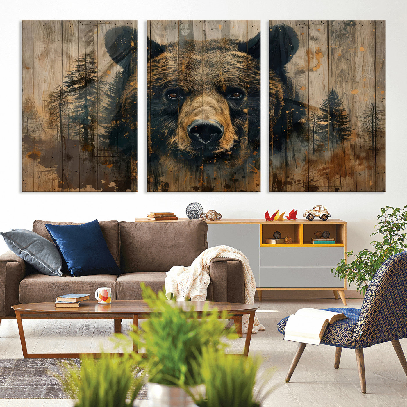 MGV-CV-60X30-3P - Abstract 399 Bear Wall Art | Rustic Cabin Wall Decor with Forest Design | Framed and Ready to Hang |