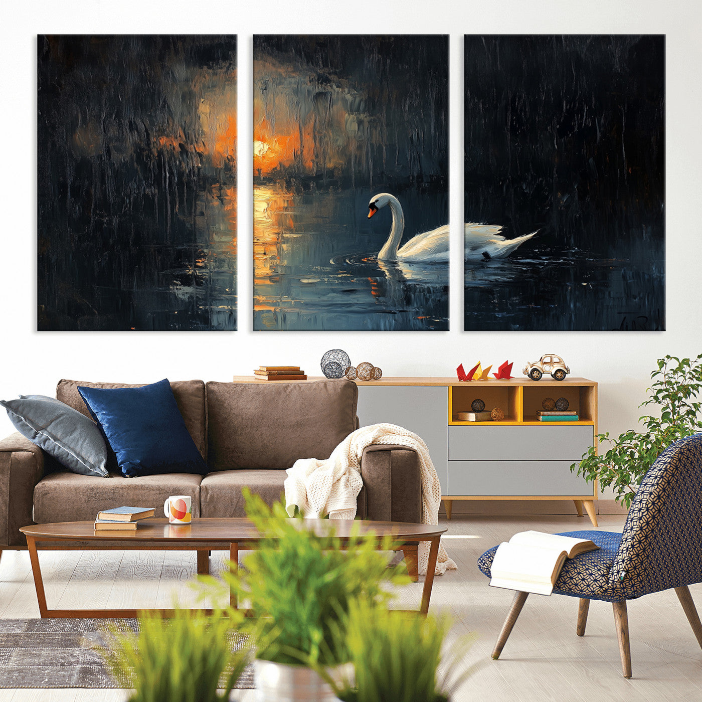 MGV-CV-60X30-3P - Abstract Swan on Water Wall Art Canvas Print - Elegant Nature Scene for Modern Home Decor