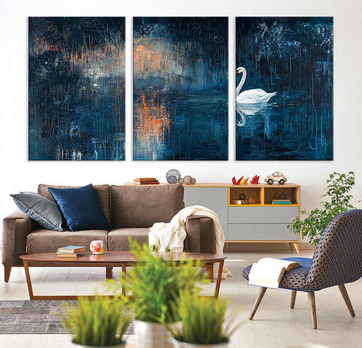 Abstract Swan Wall Art | Moody Blue and Orange Swan Painting on Canvas | Framed and Ready to Hang | Elegant and Modern Art for Living Room or Bedroom Decor