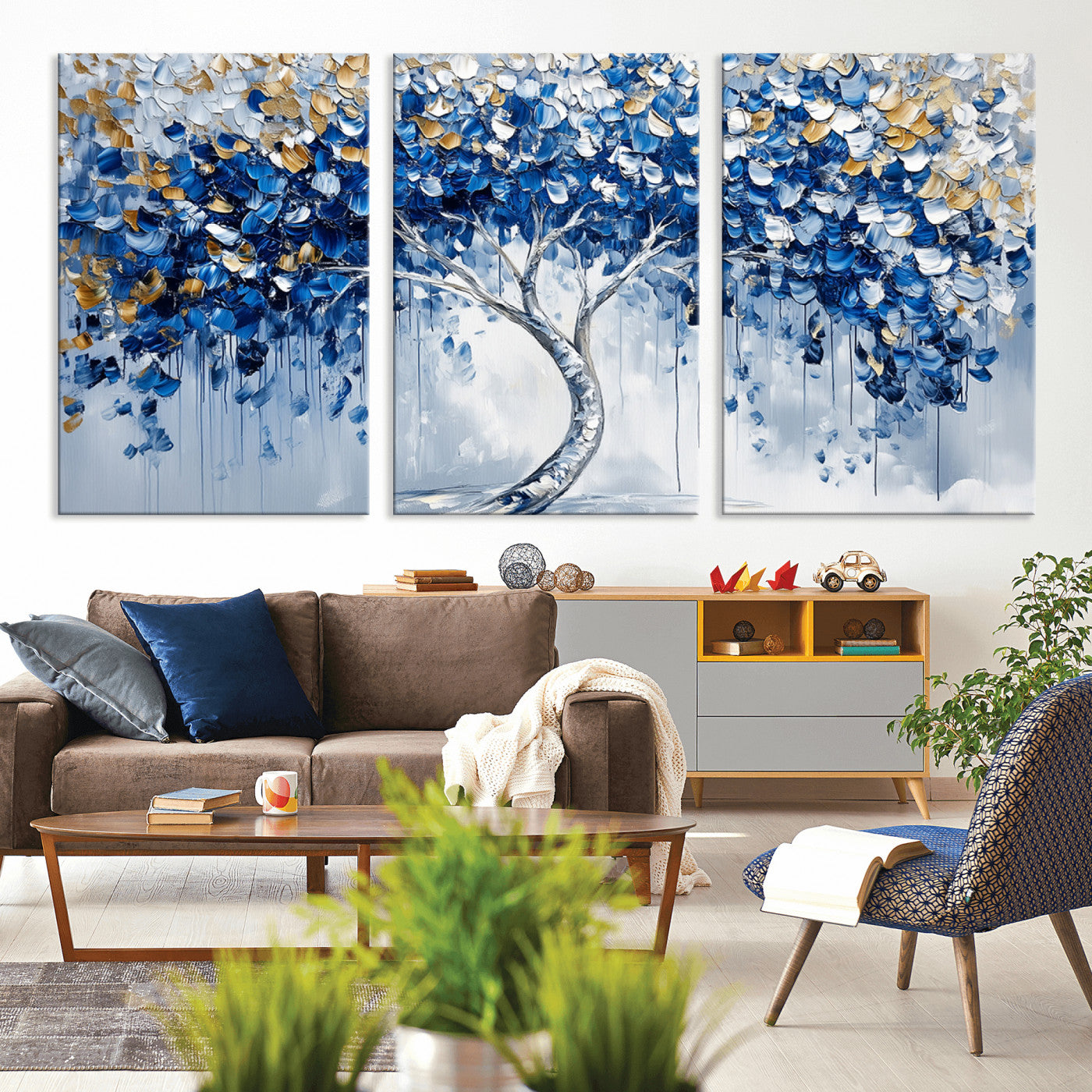 MGV-CV-60X30-3P - Blue and Gold Abstract Tree Wall Art Canvas Print | Modern Tree of Life Painting | Framed Canvas