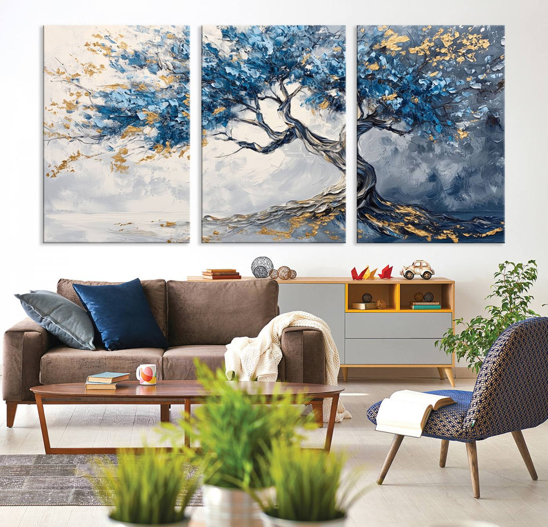 Elegant Abstract Tree Canvas Wall Art | Tree of Life Painting | Textured Art in Blue and Gold | Framed & Ready to Hang for Modern Living Room Decor