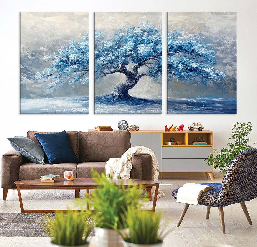 Serene Abstract Blue Tree Wall Art | Canvas Print of a Majestic Tree in Blue Hues | Perfect for Farmhouse, Coastal, and Modern Decor