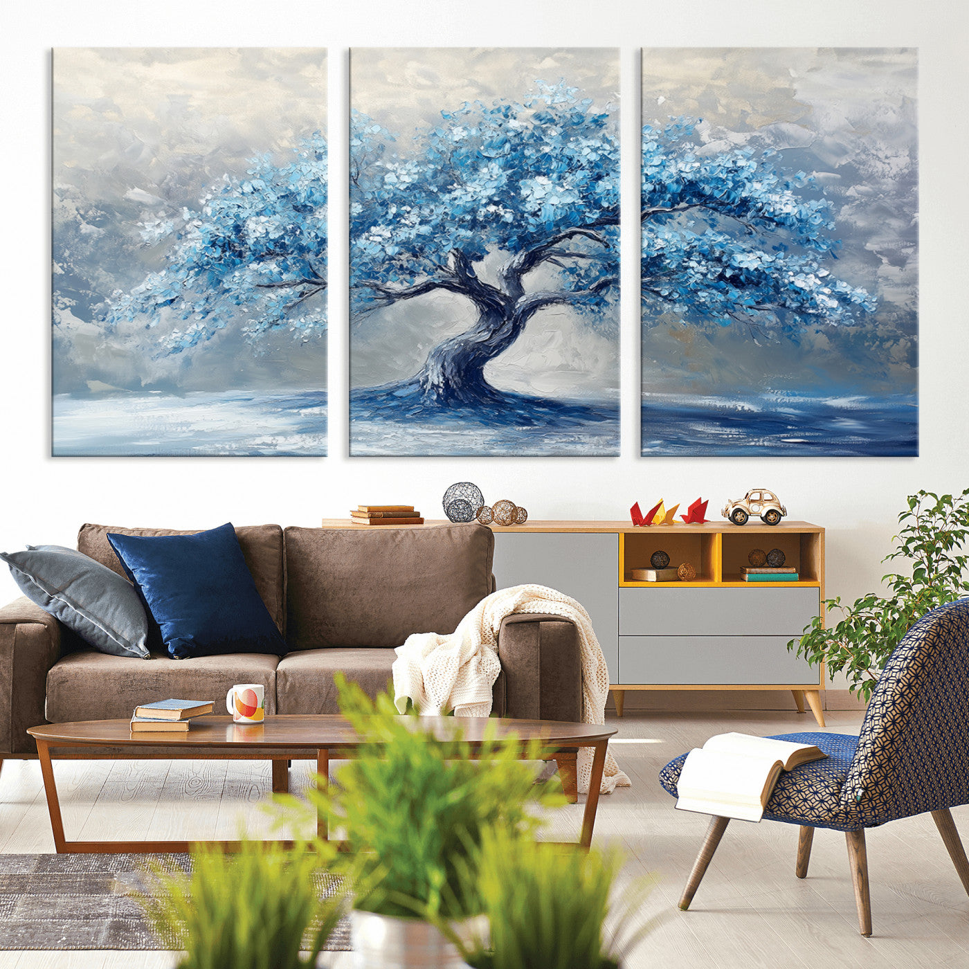 MGV-CV-60X30-3P - Abstract Blue Tree Art Canvas Print, Majestic Tree Wall Art Print for Farmhouse Decor