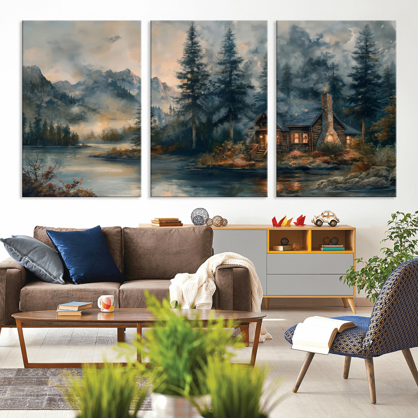 MGV-CV-60X30-3P - Rustic Cabin Woods Wall Art Print | Lake in a Forest Canvas Print | Cabin, Lodge, and Farmhouse