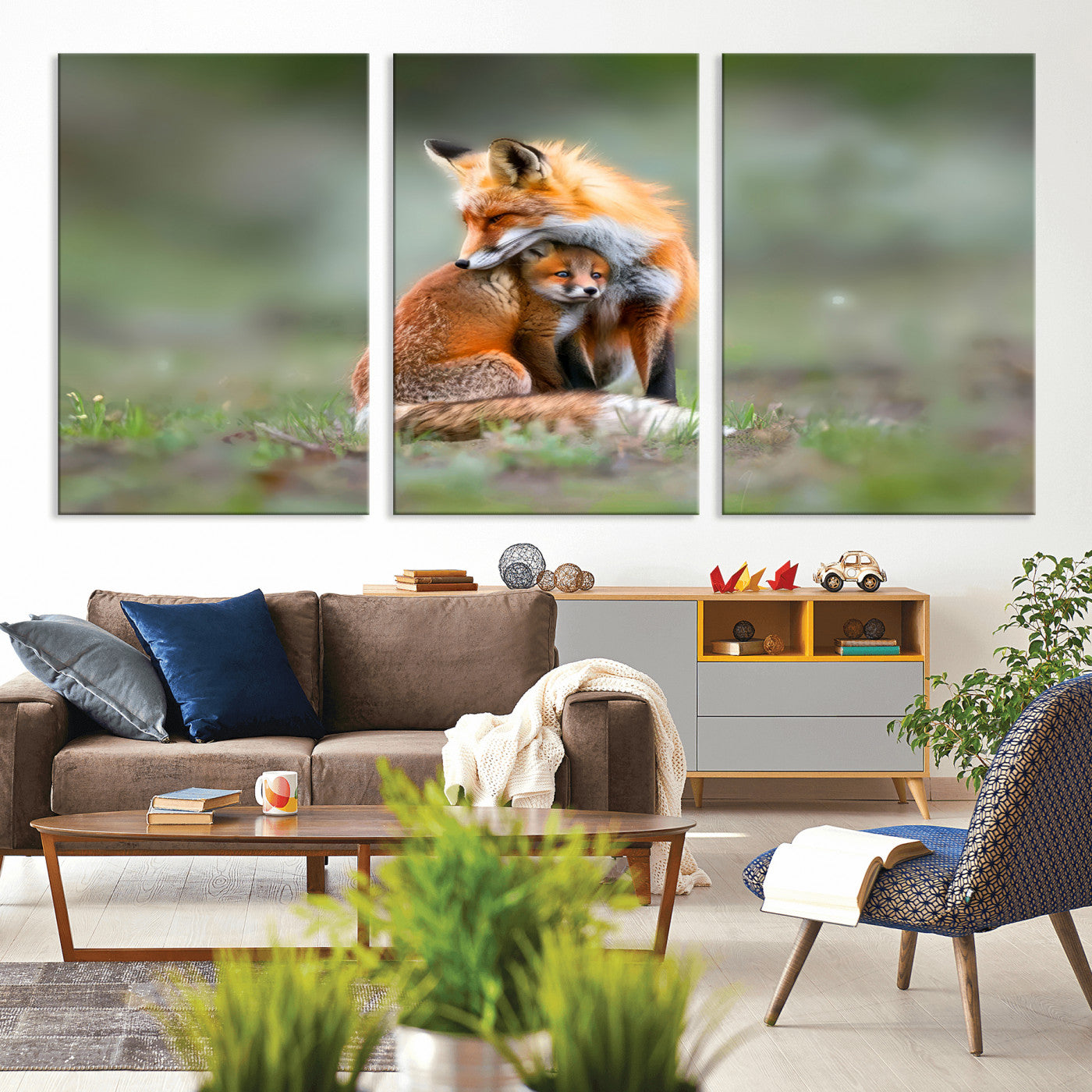MGV-CV-60X30-3P - Heartwarming Fox and Baby Cub Wall Art | Ready to Hang Canvas Print of Foxes in Nature | Perfect for
