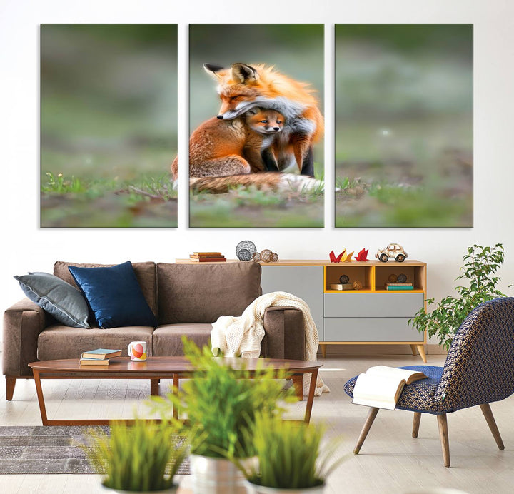 Heartwarming Fox and Baby Cub Wall Art | Ready to Hang Canvas Print of Foxes in Nature | Perfect for Animal Lovers, Rustic Decor, and Cabin Wall Art