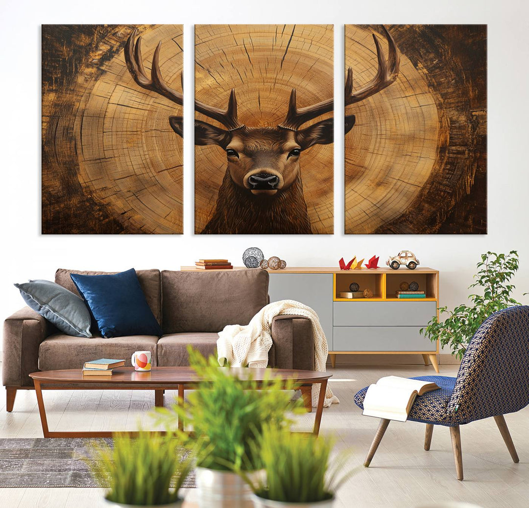 Deer Wall Art Canvas Print | Ready to Hang Canvas Print of a Stag with Rustic Tree Rings | Perfect for Farmhouse Wall Decor, Cabin Wall Art