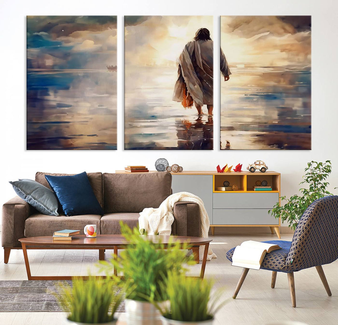 Jesus Walking on Water Wall Art | Ready to Hang Spiritual Triptych Canvas Print | Inspirational Christian Decor for Home or Church