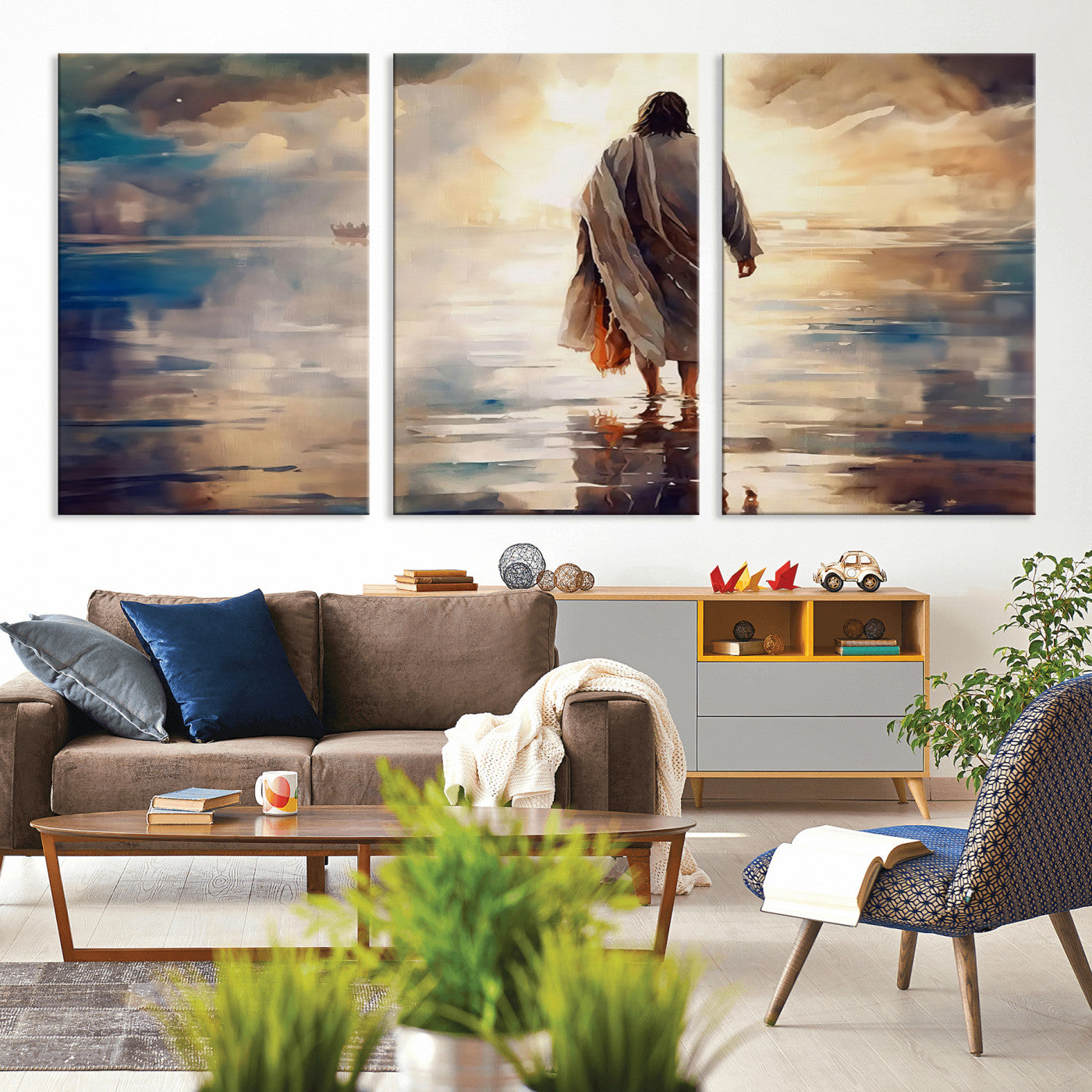 MGV-CV-60X30-3P - Jesus Walking on Water Wall Art | Ready to Hang Spiritual Triptych Canvas Print | Inspirational