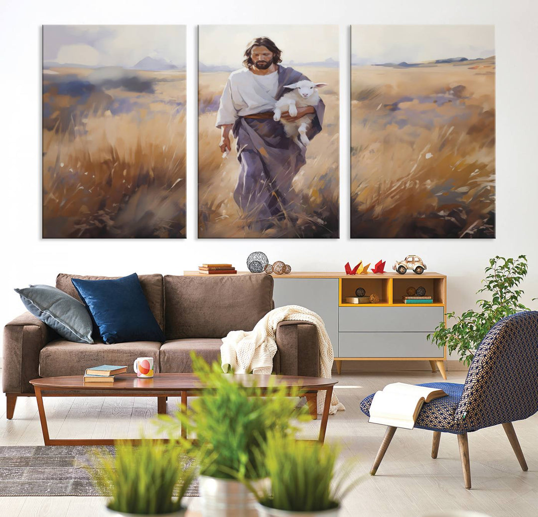 Jesus the Good Shepherd Wall Art Canvas Print - Lost Lamb  Print for Prayer Room Decor