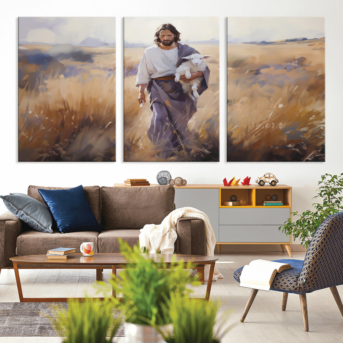 MGV-CV-60X30-3P - Jesus the Good Shepherd Wall Art Canvas Print - Lost Lamb Print for Prayer Room Decor