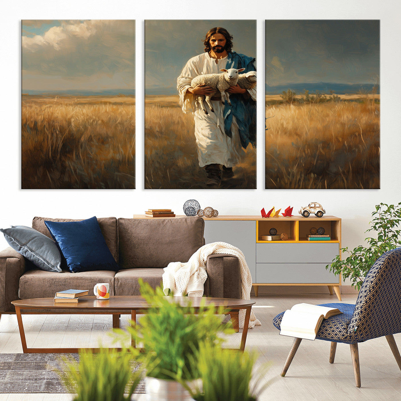 MGV-CV-60X30-3P - Jesus Shepherd Wall Art | Ready to Hang Triptych Canvas of Jesus Holding a Lamb in a Field |