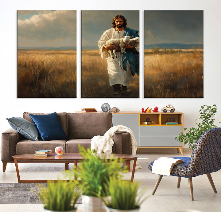 Jesus Shepherd Wall Art | Ready to Hang Triptych Canvas of Jesus Holding a Lamb in a Field | Inspirational Christian Decor for Home