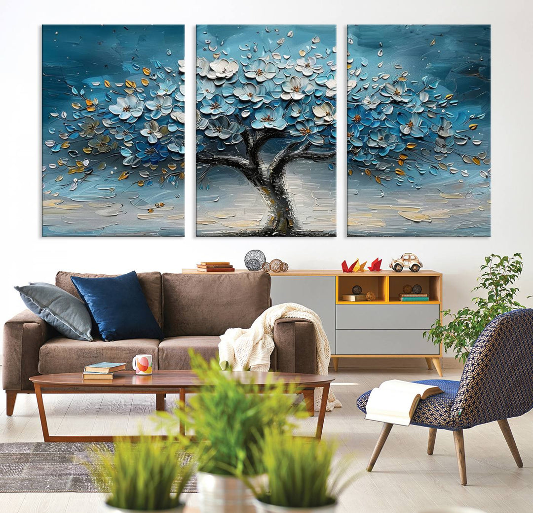 Abstract Blooming Tree Wall Art Print features blue, white, and gold textures on museum-quality canvas, perfect for modern decor.