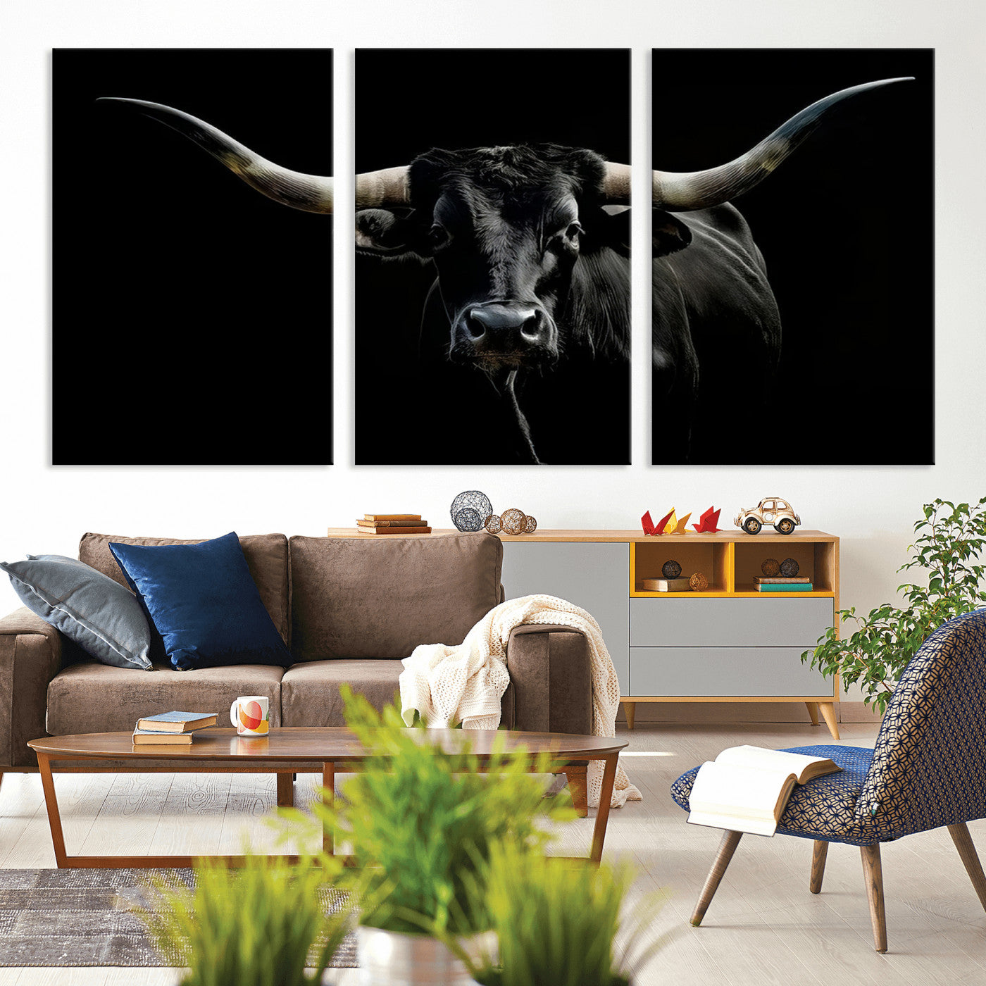 MGV-CV-60X30-3P - Texas Black Longhorn Bull Wall Art Canvas Print - Western Texas Cattle Rustic Decor Print - Longhorn