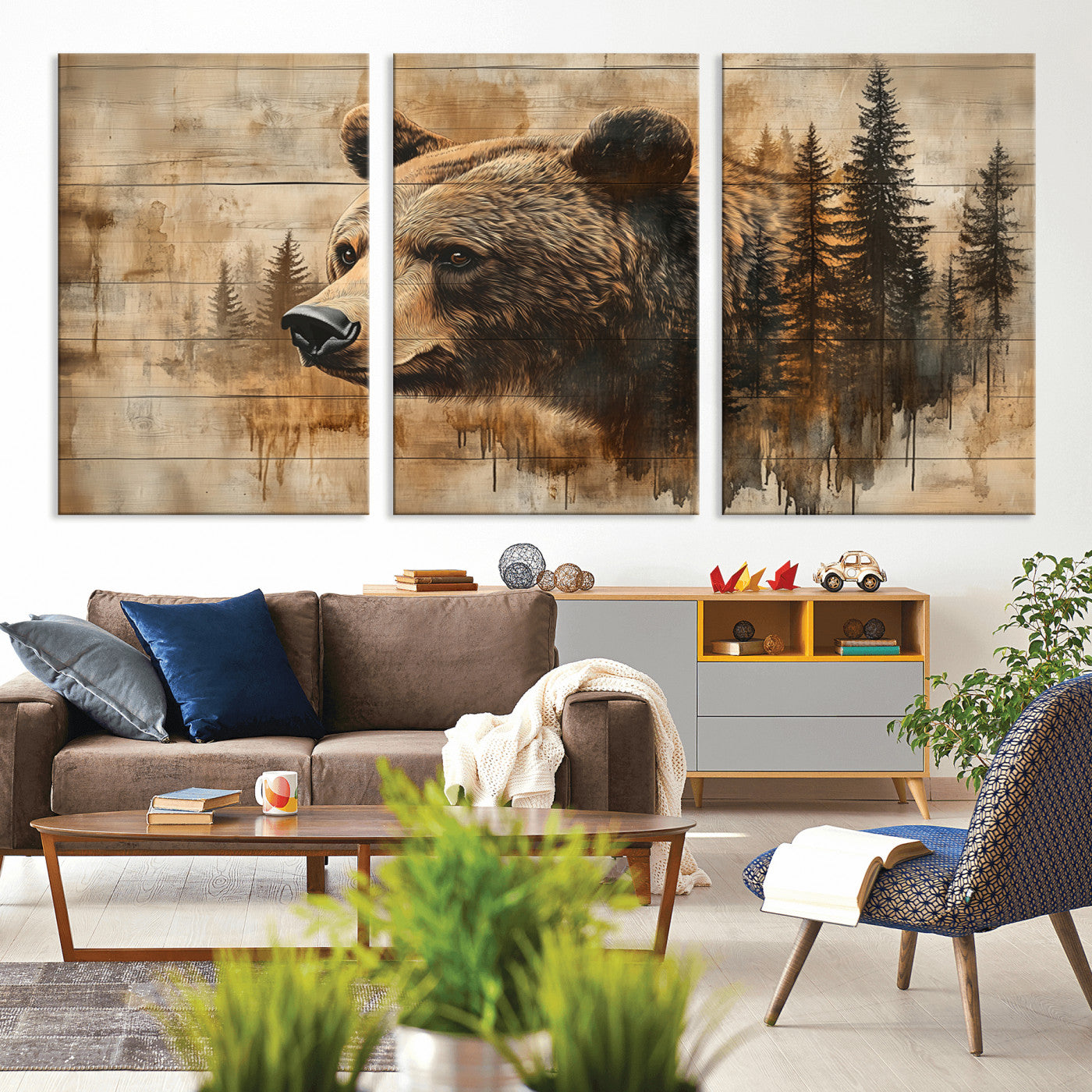 MGV-CV-60X30-3P - Rustic Grizzly Bear Wall Art, Abstract Grizzly 399 Bear Wall Art Canvas Print - Woodland Wildlife