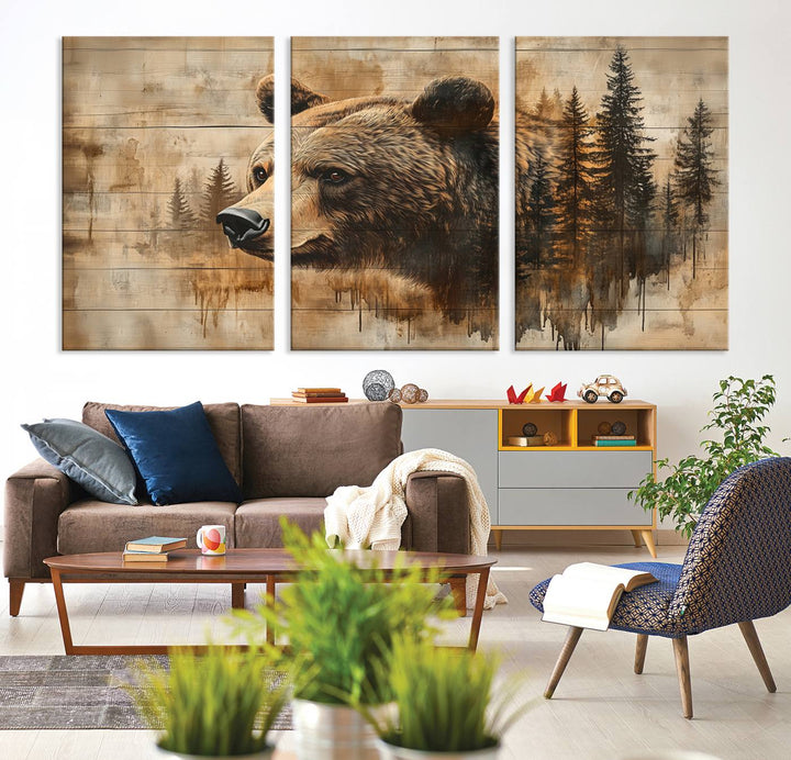 Abstract Rustic Grizzly Bear Wall Art Canvas Print - Woodland Wildlife Forest Print for Farmhouse Decor