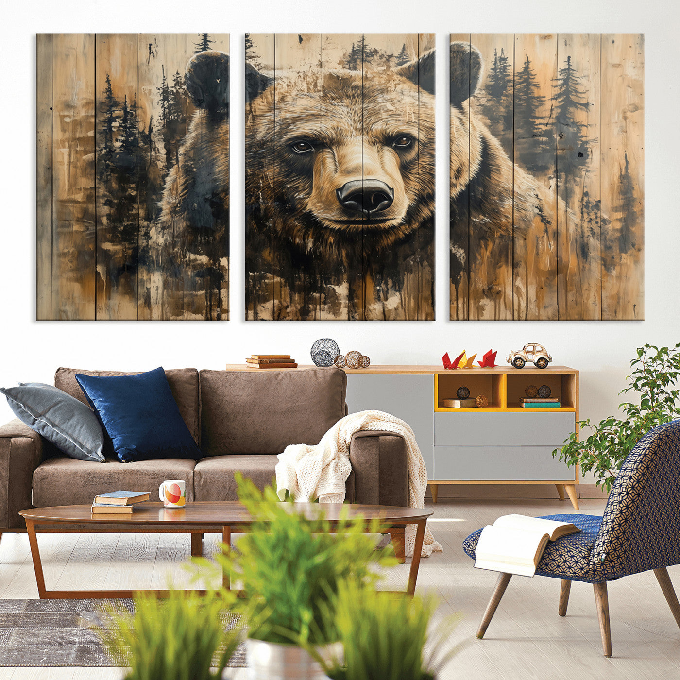 MGV-CV-60X30-3P - Majestic Grizzly 399 Bear Wall Art | 3-Panel Rustic Canvas Print for Living Room, Office, or Cabin