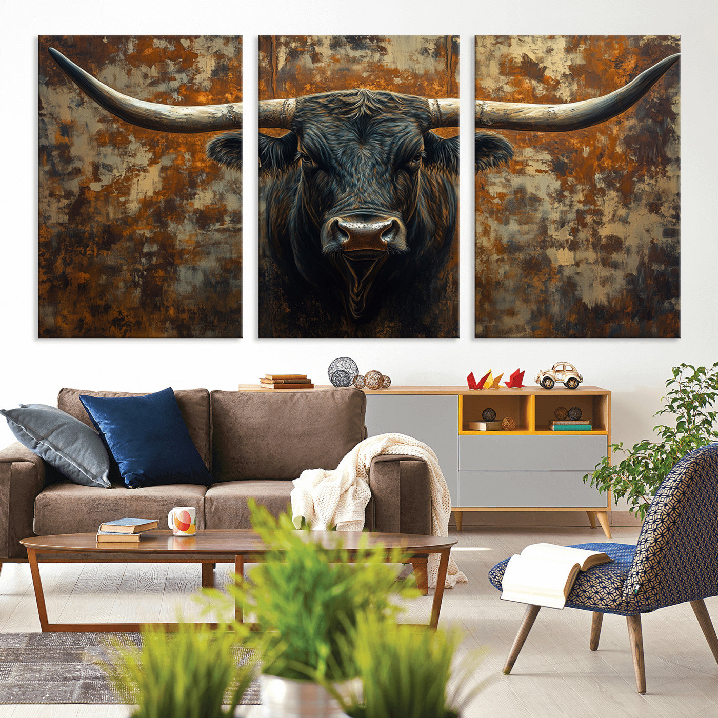 MGV-CV-60X30-3P - Longhorn Texas Cow Bull Wall Art | Rustic Farmhouse Canvas Print | Ready to Hang Barn Decor for