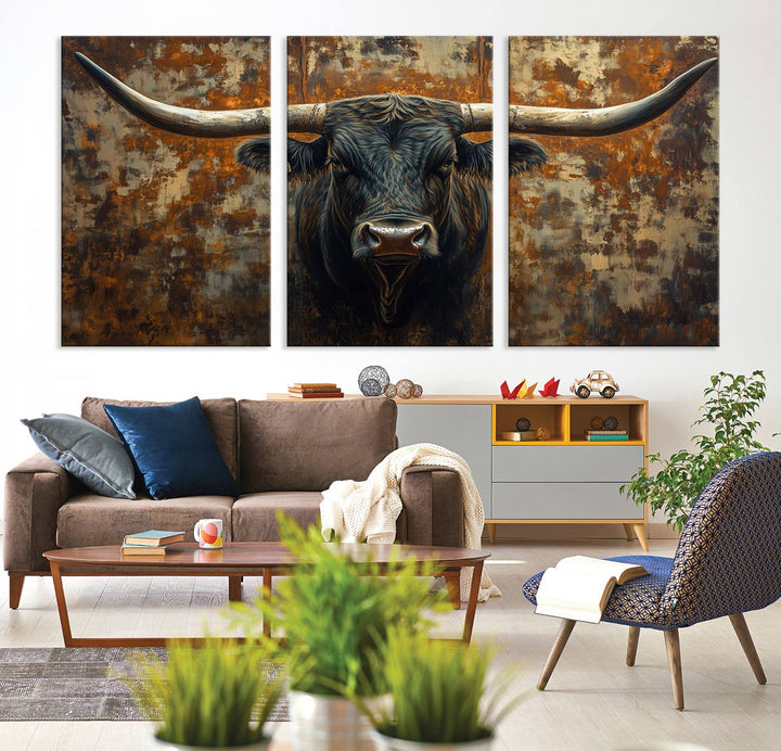 Abstract Longhorn Texas Bull Wall Art | Rustic Farmhouse Canvas Print | Ready to Hang Barn Decor for Farmhouse and Cabin Style