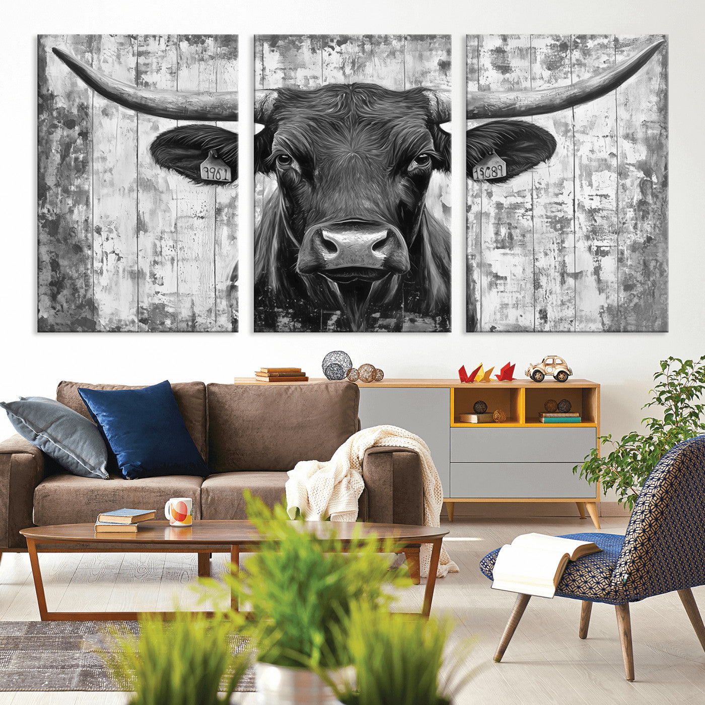 MGV-CV-60X30-3P - Abstract Longhorn Bull Wall Art Canvas Print - Rustic Texas Western Cow Artwork
