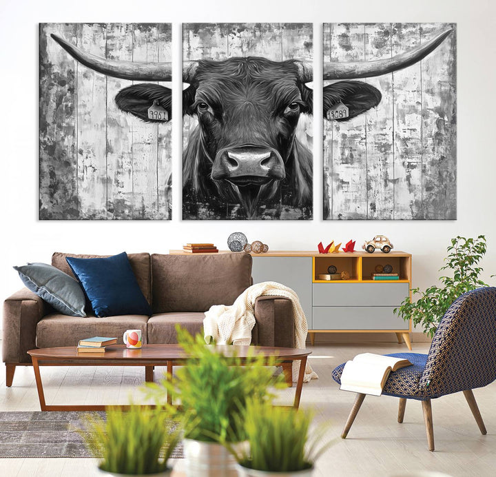 Abstract Longhorn Bull Wall Art Canvas Print - Rustic Texas Western Cow Artwork