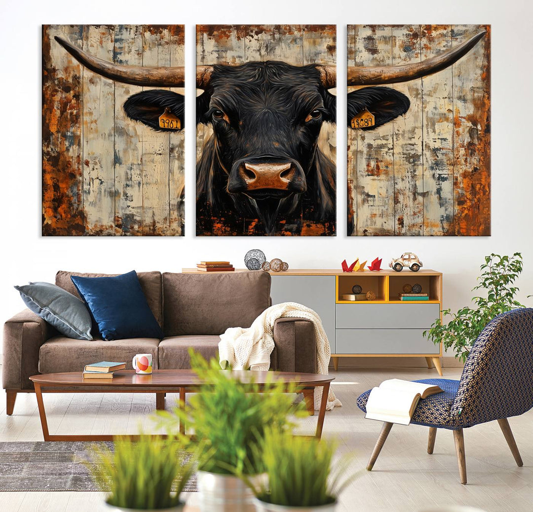 Abstract Cow Longhorn Bull Wall Art Canvas Print - Rustic Texas Western Cattle Artwork