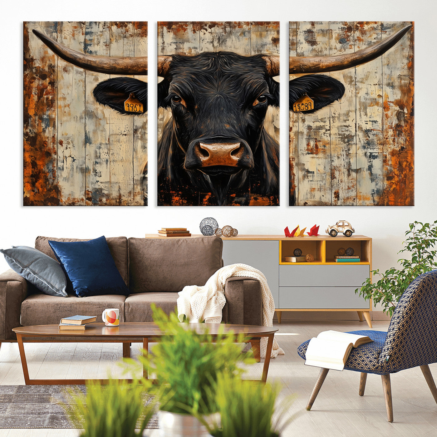 MGV-CV-60X30-3P - Rustic Texas Artwork Wall Art Canvas Print - Abstract Cow Longhorn Bull Wall Art Canvas Print