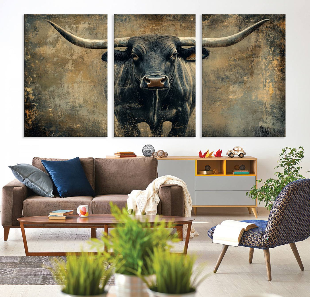 Abstract Cow Longhorn Bull Wall Art Canvas Print - Rustic Texas Western Cattle Artwork