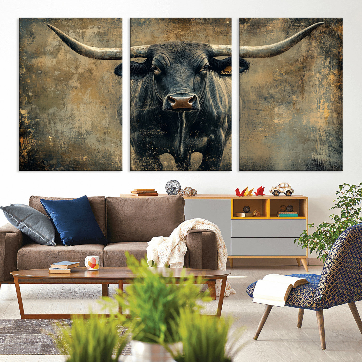 MGV-CV-60X30-3P - Longhorn Bull Wall Art Canvas Print, Framed Rustic Cow Art Picture Print, Texas Longhorn Perfect Western Decor Artwork