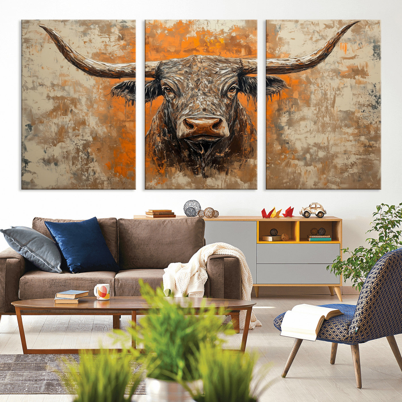 MGV-CV-60X30-3P - Abstract Cow Longhorn Bull Wall Art Canvas Print - Rustic Texas Western Cattle Artwork