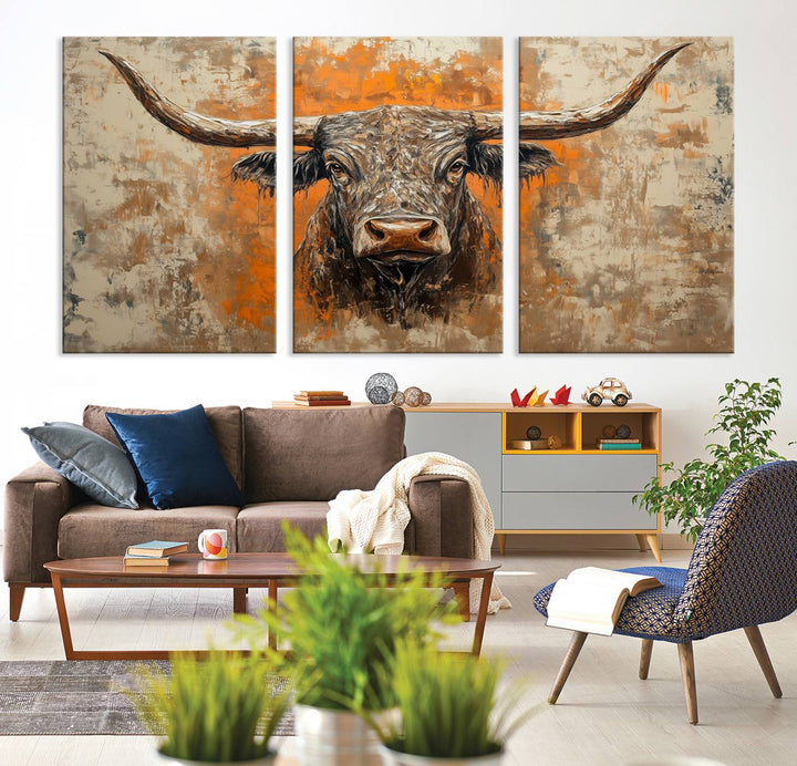 Abstract Cow Longhorn Bull Wall Art Canvas Print - Rustic Texas Western Cattle Artwork