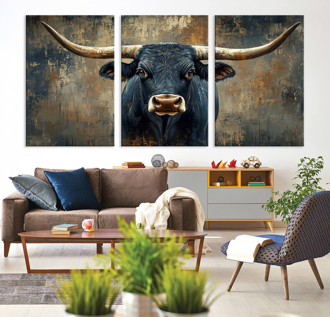 Abstract Cow Longhorn Bull Wall Art Canvas Print - Rustic Texas Western Cattle Artwork