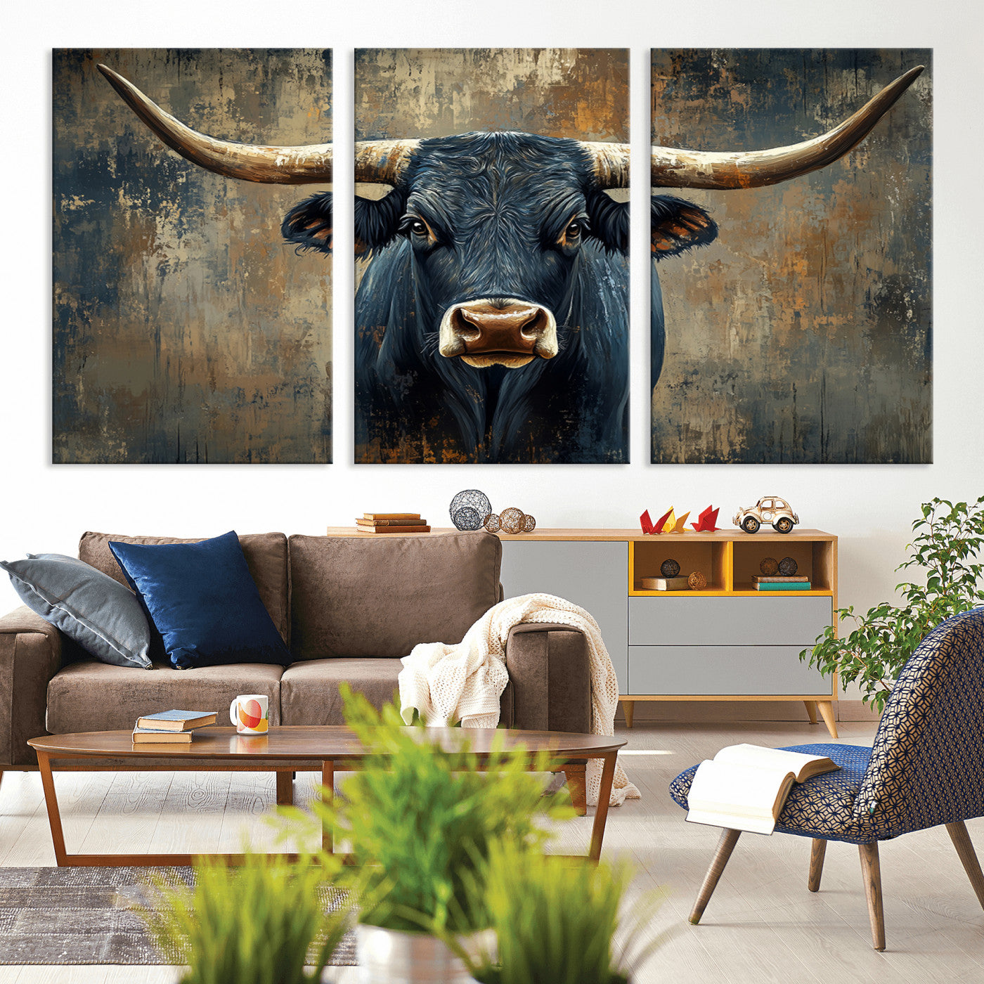 MGV-CV-60X30-3P - Texas Western Wall Art Canvas Print - Abstract Cow Longhorn Bull Wall Art Canvas Print - Rustic Cow
