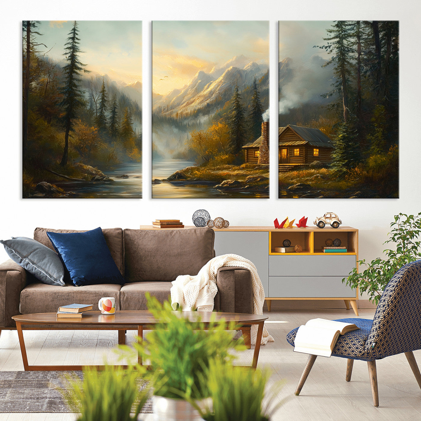 MGV-CV-60X30-3P - Wood Cabin Retreat Mountain at Sunset Wall Art Print - Serene Forest and River Landscape Wall Art