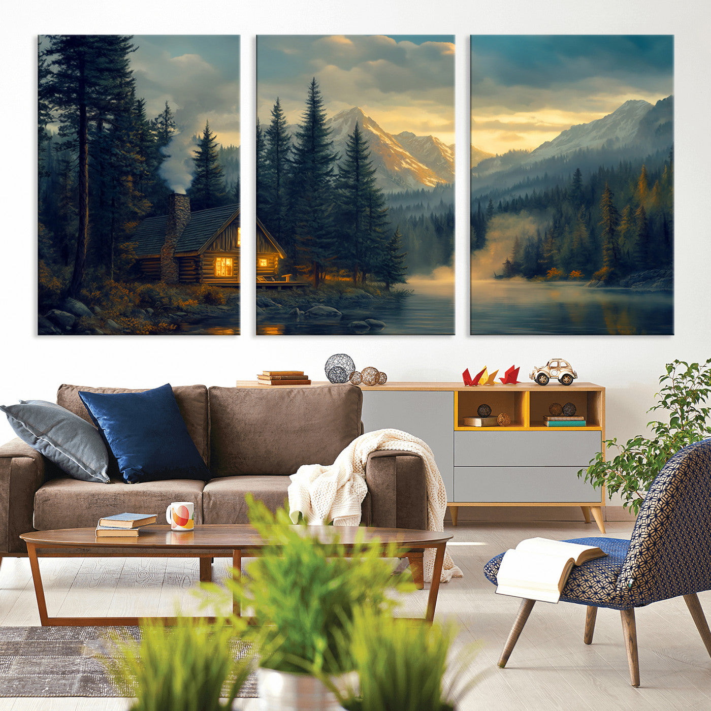 MGV-CV-60X30-3P - Mountain Cabin by the Lake at Sunset Wall Art - Serene Nature Canvas Print for Living Room Decor,