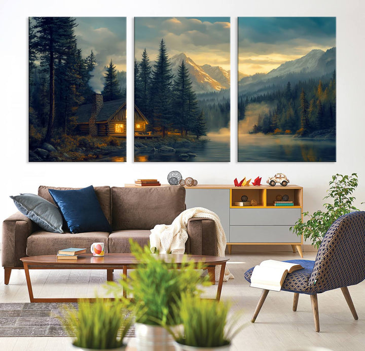 Mountain Cabin by the Lake at Sunset Wall Art - Serene Nature Canvas Print for Living Room Decor, Rustic Lodge Ambiance, 3-Panel Large Wall Art