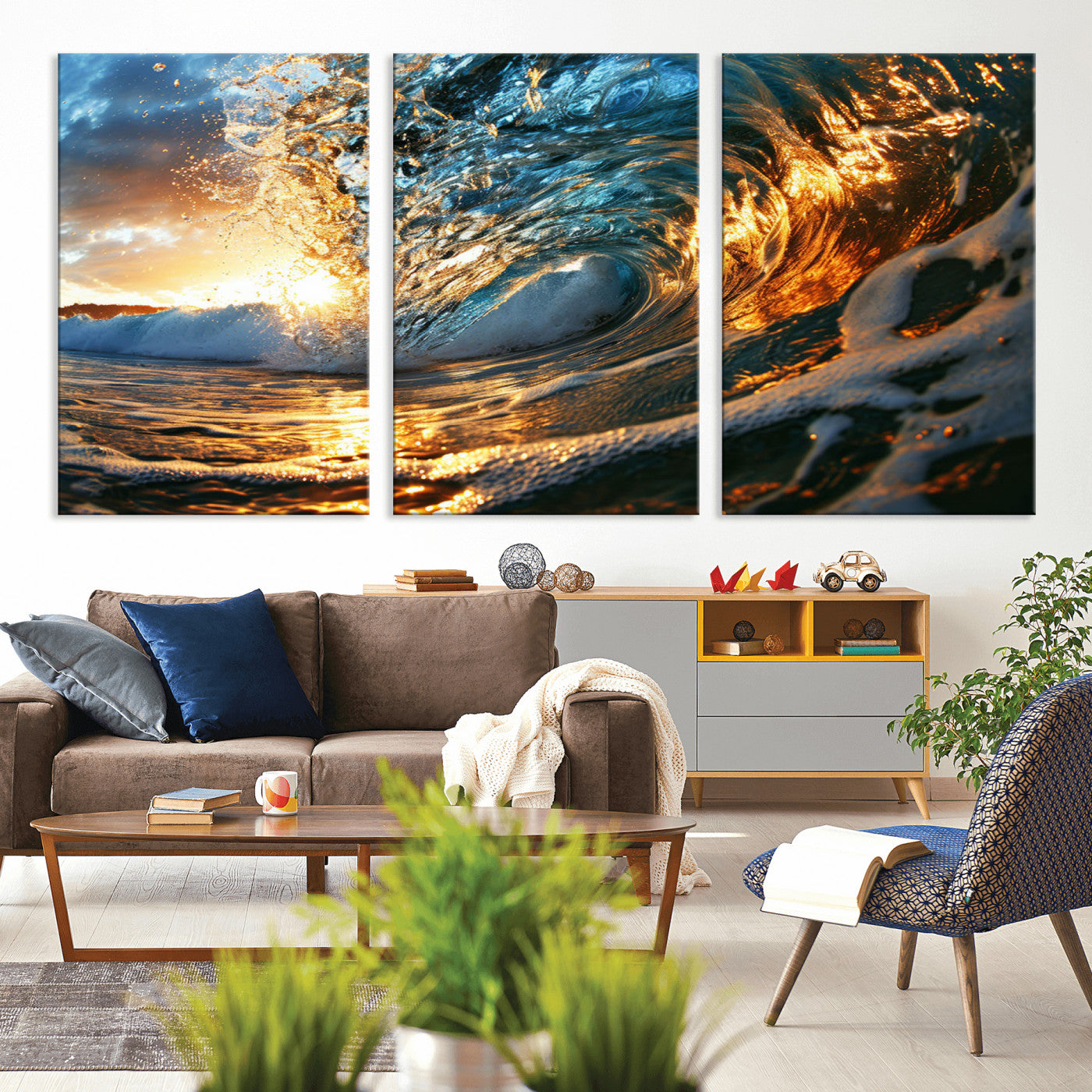 MGV-CV-60X30-3P - Ocean Wave at Sunset Canvas Wall Art – Vibrant Coastal Beach Waves Print, Large Nautical Decor,